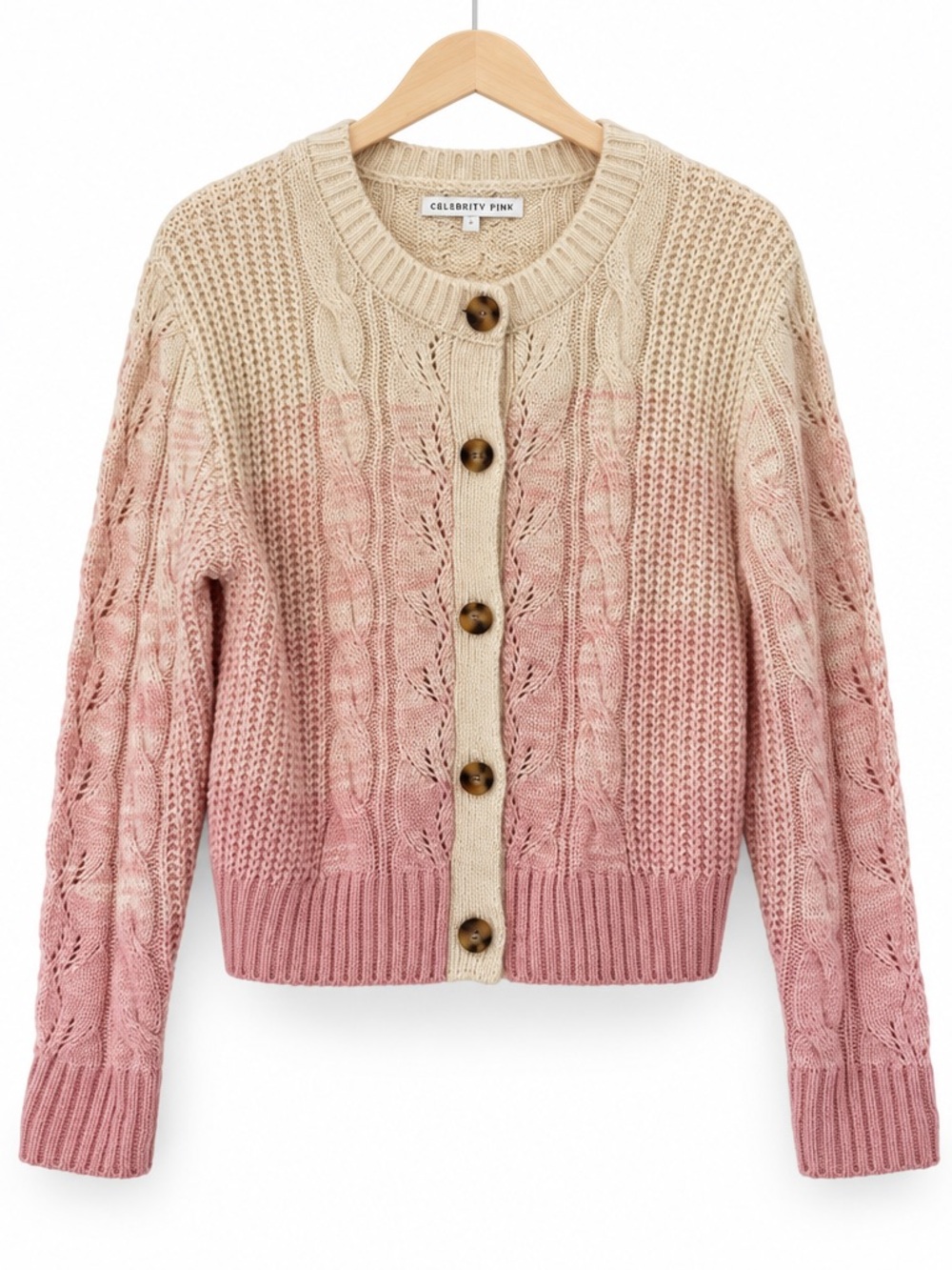 Celebrity Pink Ombre Cable-Knit Button Cardigan in Pink and Cream